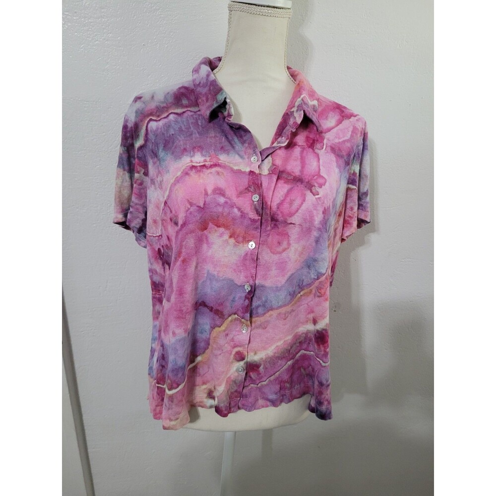 Eileen Fisher Organic Linen Button Top M Collared Short Sleeve Hand Dyed Unique